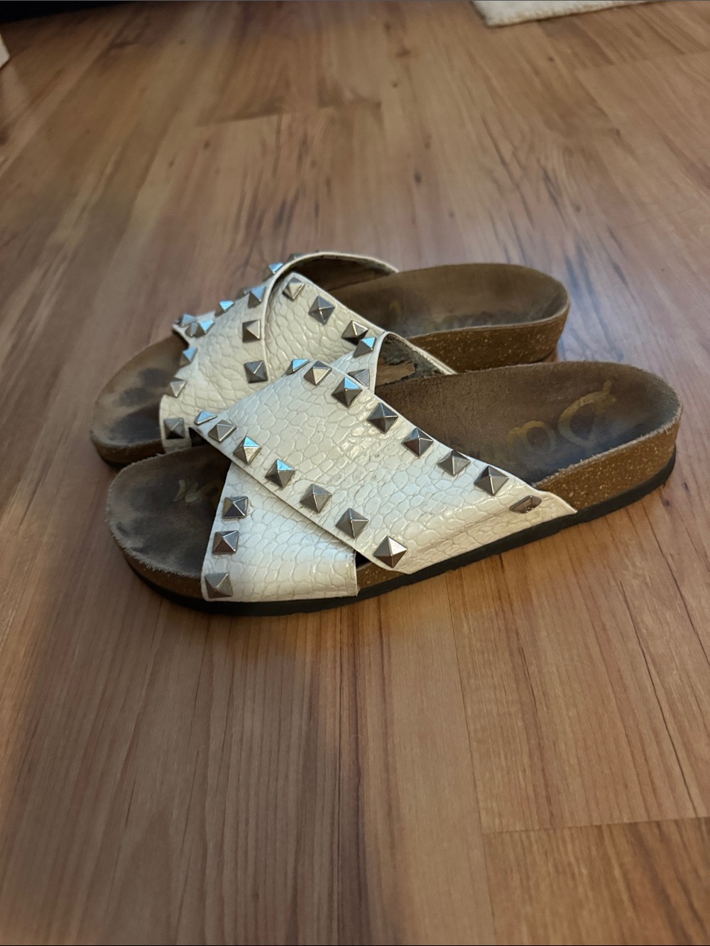 Sam Edelman White Pyramid-Stud Crossband Slide Sandals
